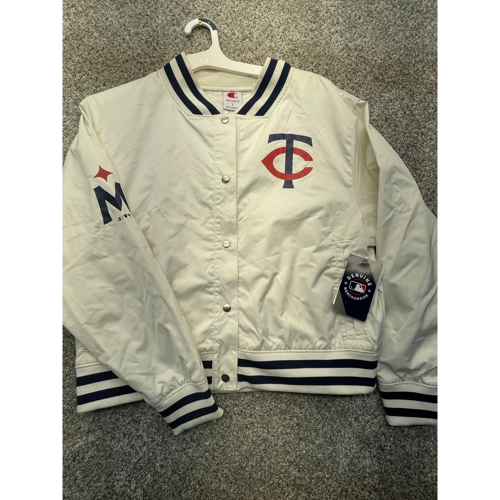 Champion Bomber Jacket Womens L White NEW Minnesota Twins MLB Snap Satin